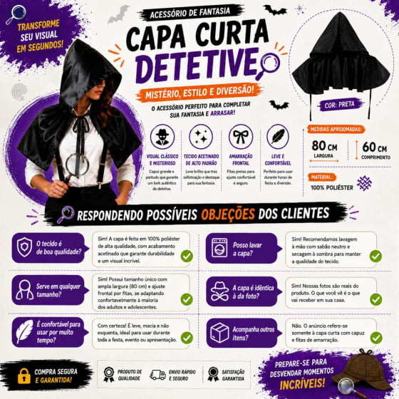 Capa Curta Preta com Capuz para Fantasia e Cosplay
