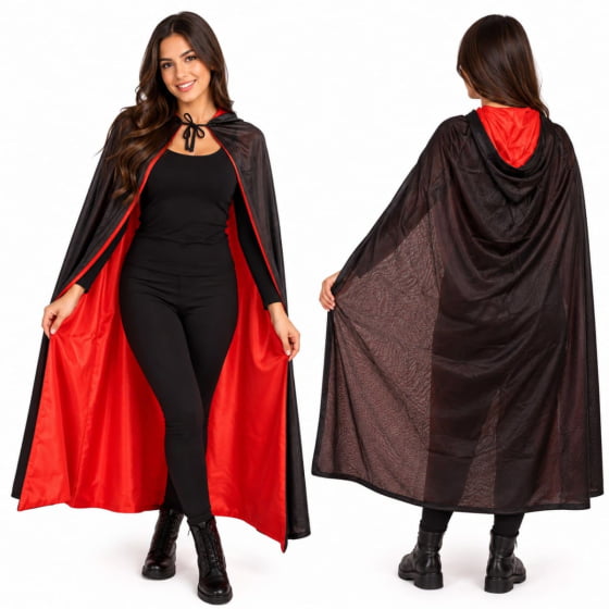 Capa Dupla Face Vermelha e Preta com Capuz Halloween