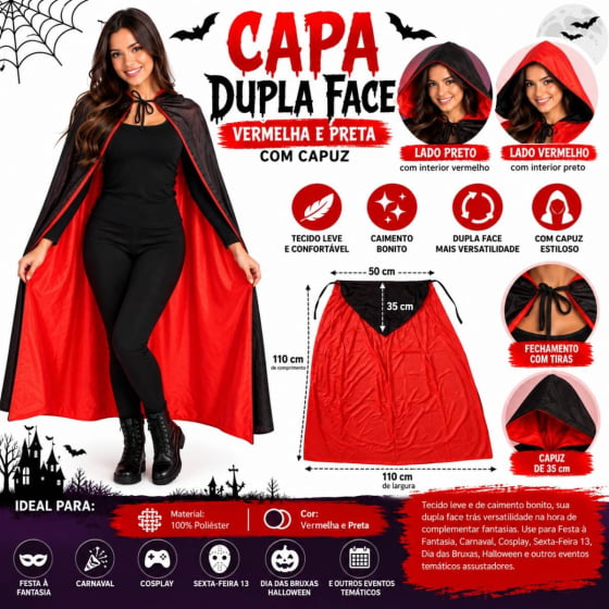 Capa Dupla Face Vermelha e Preta com Capuz para Halloween