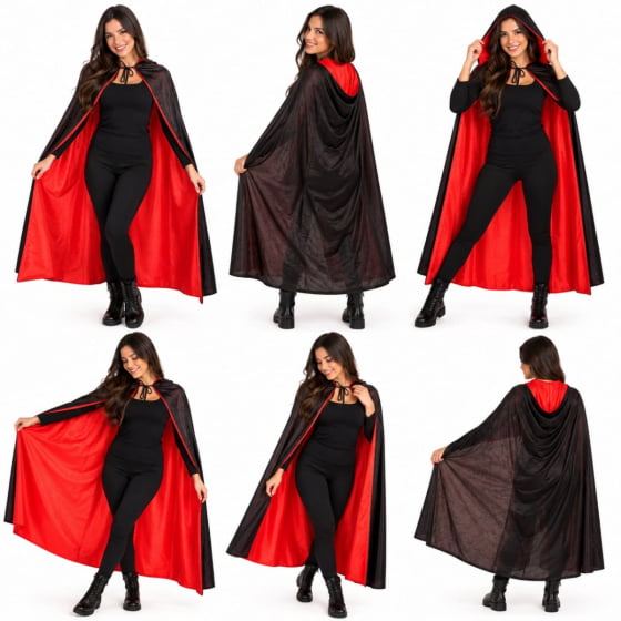Capa Dupla Face Vermelha e Preta com Capuz para Halloween