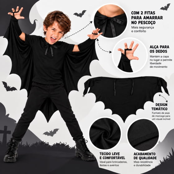 Capa Infantil Preta Pontas Morcego