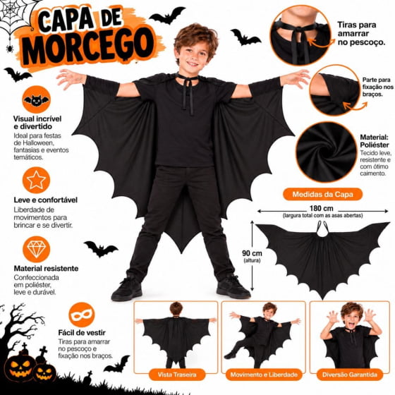 Capa Infantil Preta Pontas Morcego