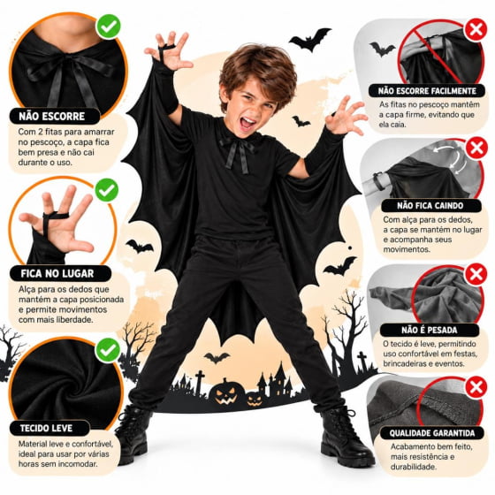 Capa Infantil Preta Pontas Morcego
