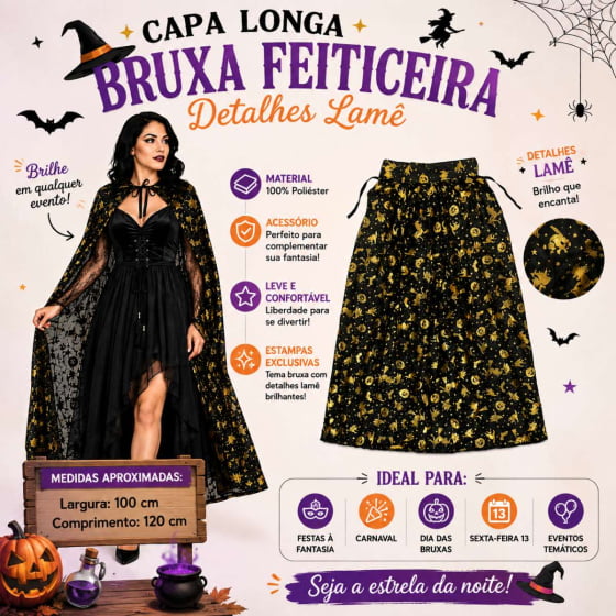 Capa Longa Bruxa Feiticeira Detalhes Lamê