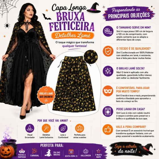 Capa Longa Bruxa Feiticeira Detalhes Lamê
