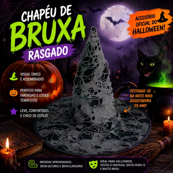 Chapéu de Bruxa Rasgado para Halloween