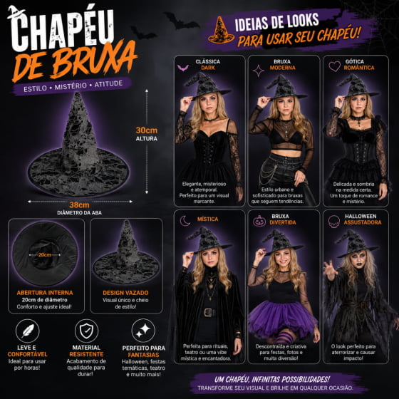 Chapéu de Bruxa Rasgado Acessório Halloween Cosplay Chapéu de Bruxa Rasgado Acessório Halloween Cosplay