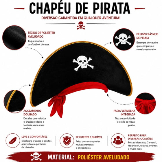 Chapéu Pirata Luxo Unissex Aveludado