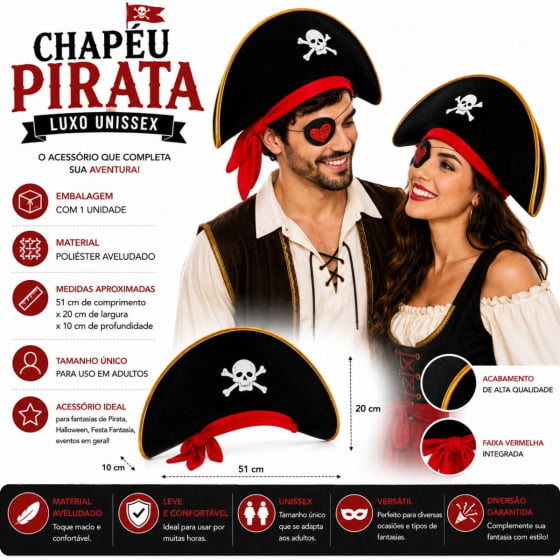 Chapéu Pirata Luxo Unissex Aveludado