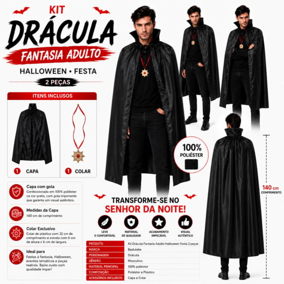 Kit Acessórios Fantasia Drácula Adulto Festa Halloween com 2 Itens
