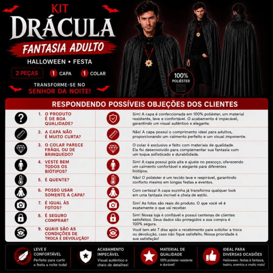 Kit Acessórios Fantasia Drácula Adulto Festa Halloween com 2 Itens