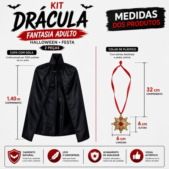 Kit Acessórios Fantasia Drácula Adulto Festa Halloween com 2 Itens