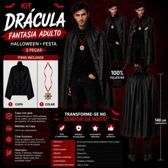 Kit Acessórios Fantasia Drácula Adulto Festa Halloween com 2 Itens