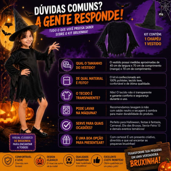 Kit Infantil Vestido e Chapéu Bruxinha Halloween