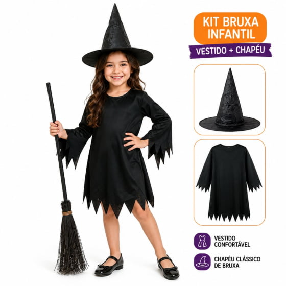 Kit Infantil Vestido e Chapéu Bruxinha Halloween
