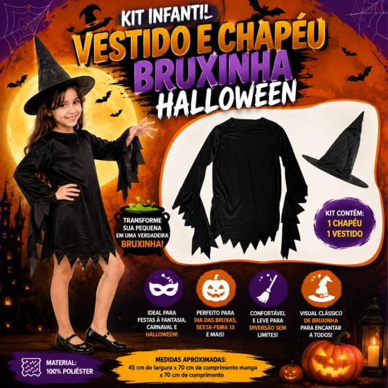 Kit Infantil Vestido e Chapéu Bruxinha Halloween Kit Infantil Vestido e Chapéu Bruxinha Halloween
