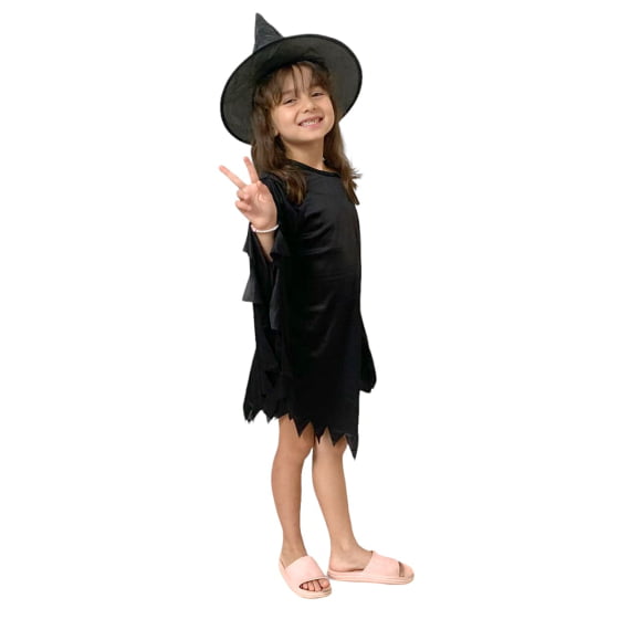 Kit Infantil Vestido e Chapéu Bruxinha Halloween