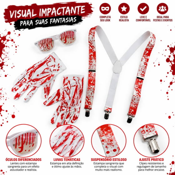 Kit Suspensório Sangrento com Luvas e Óculos para Halloween