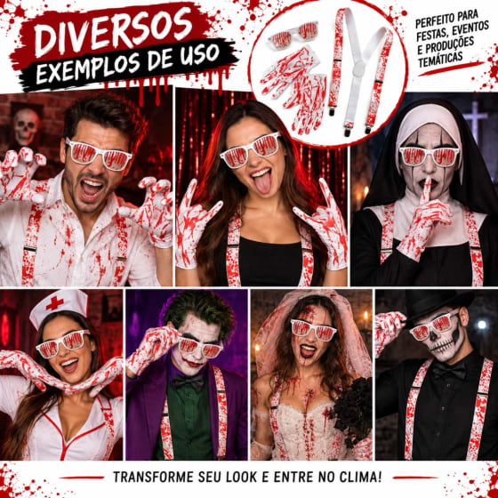 Kit Suspensório Sangrento com Luvas e Óculos para Halloween