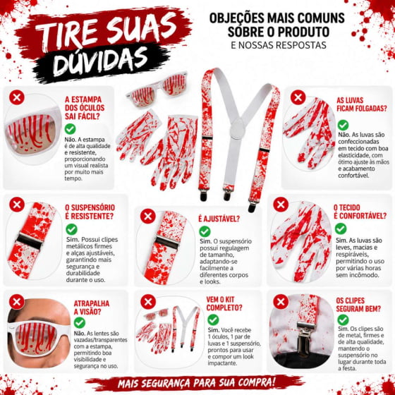 Kit Suspensório Sangrento com Luvas e Óculos para Halloween