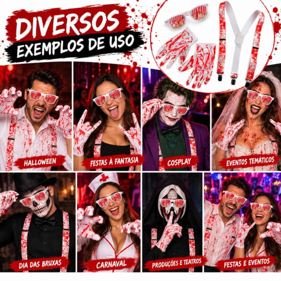 Kit Suspensório Mão Sangrenta Fantasia Halloween