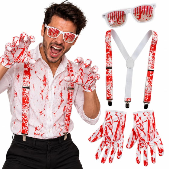 Kit Suspensório Sangrento com Luvas e Óculos para Halloween