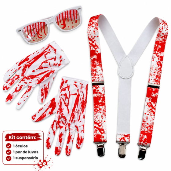 Kit Suspensório Sangrento com Luvas e Óculos para Halloween