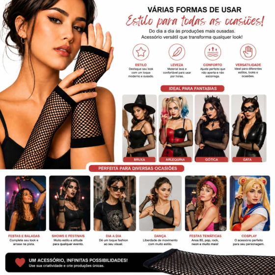 Luva Arrastão Longa Fantasia Cosplay Carnaval Halloween