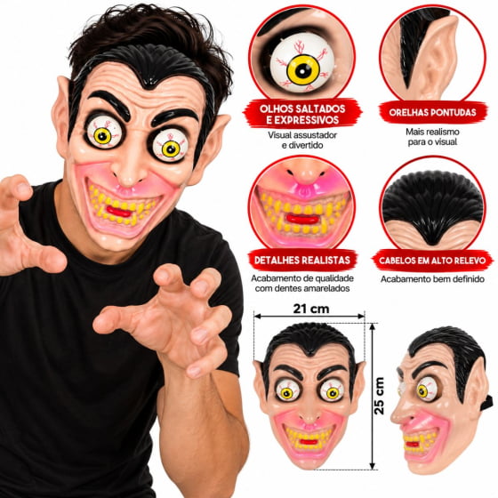 Máscara Drácula Vampiro com Olhos Esbugalhados Halloween