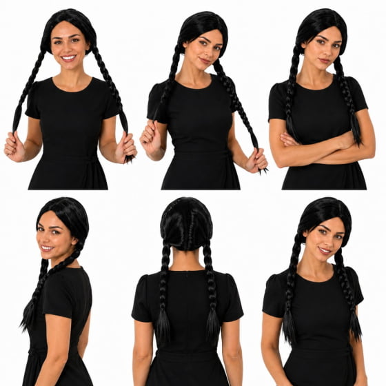 Peruca Preta Longa com Tranças para Halloween e Cosplay