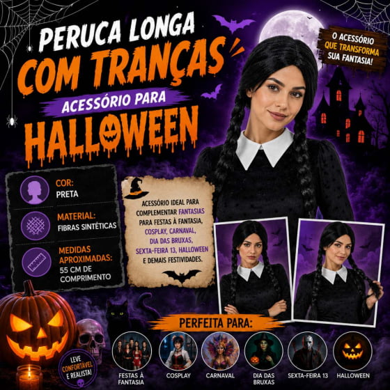 Peruca Preta Longa com Tranças para Halloween e Cosplay