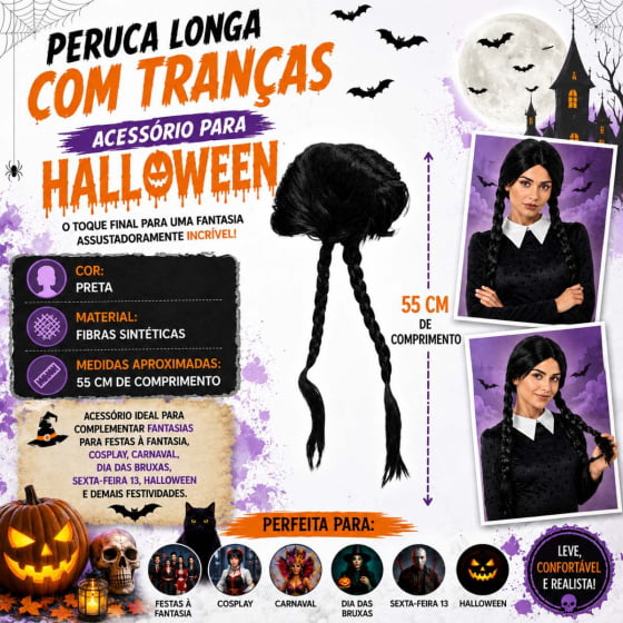 Peruca Longa com Tranças Acessório para Halloween Cosplay