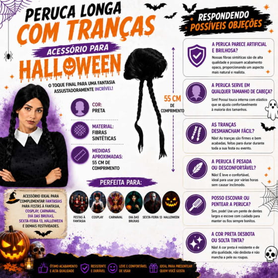 Peruca Preta Longa com Tranças para Halloween e Cosplay