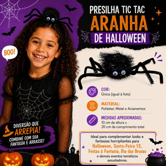 Presilha Tic Tac Acessório Aranha de Halloween Cabelo Maluco