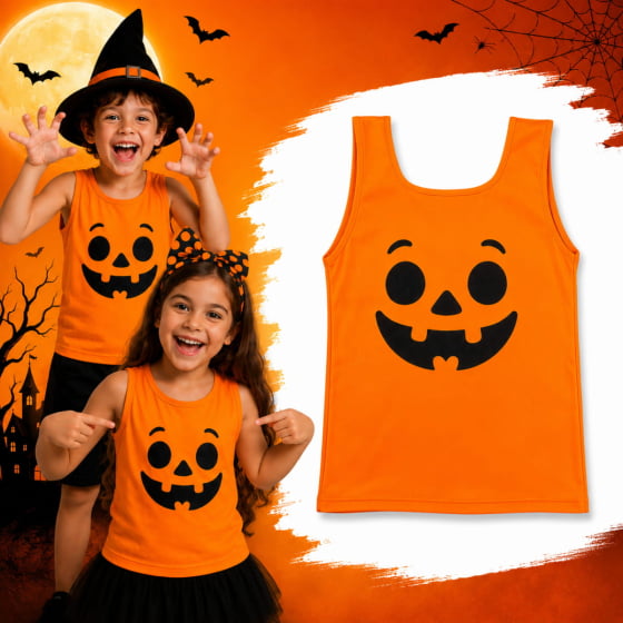 Regata Abóbora Halloween Infantil Regata Abóbora Halloween Infantil