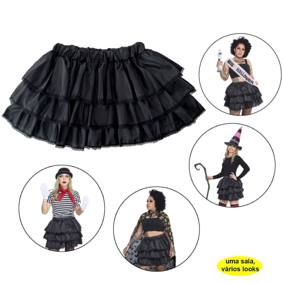 Saia Preta Babados Com Renda Fantasia Adulto Halloween