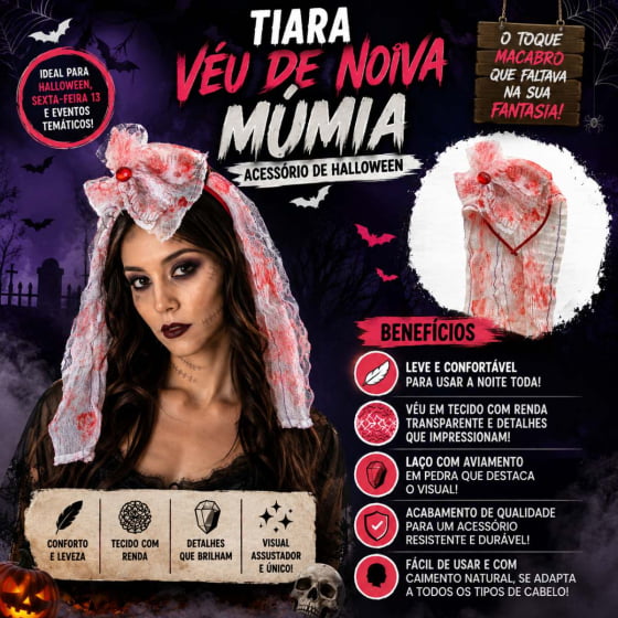 Tiara Véu de Noiva Múmia para Halloween