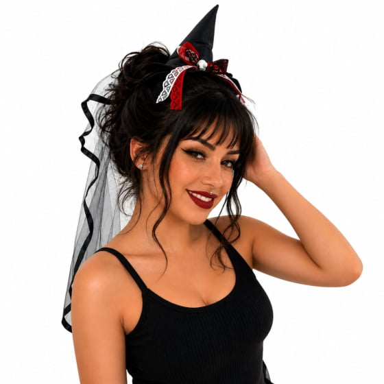 Tiara Chapéu de Bruxa com Véu Acessório Halloween