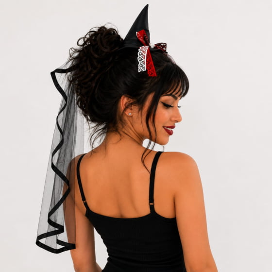 Tiara Chapéu de Bruxa com Véu Acessório Halloween Tiara Chapéu de Bruxa com Véu Acessório Halloween