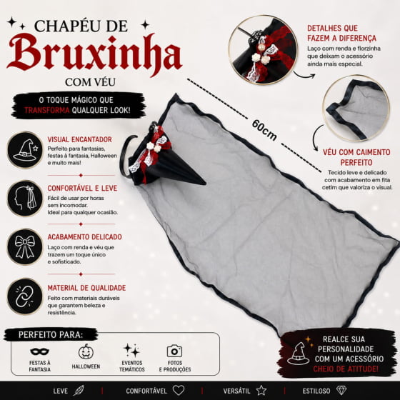 Tiara Chapéu de Bruxa com Véu Acessório Halloween