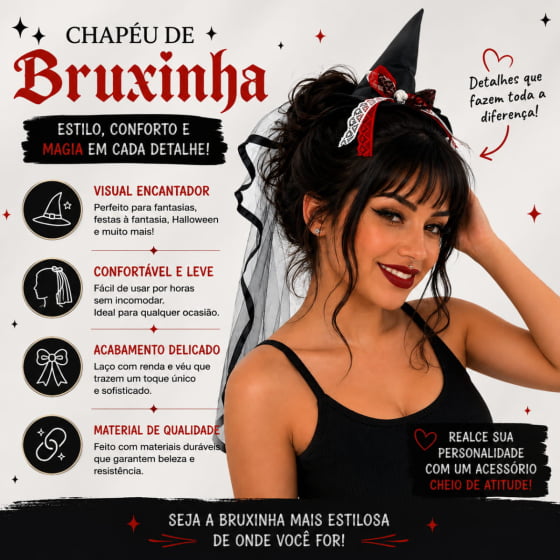 Tiara Chapéu de Bruxa com Véu Acessório Halloween