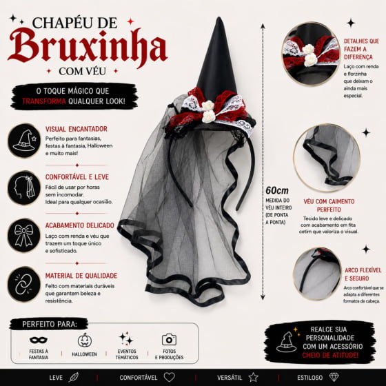 Tiara Chapéu de Bruxa com Véu Acessório Halloween