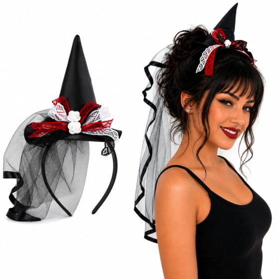 Tiara Chapéu de Bruxa com Véu Acessório Halloween Tiara Chapéu de Bruxa com Véu Acessório Halloween