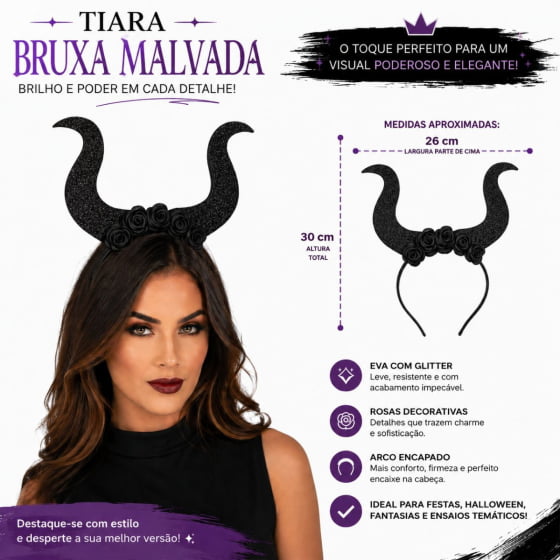 Tiara Bruxa Malvada Preta com Glitter
