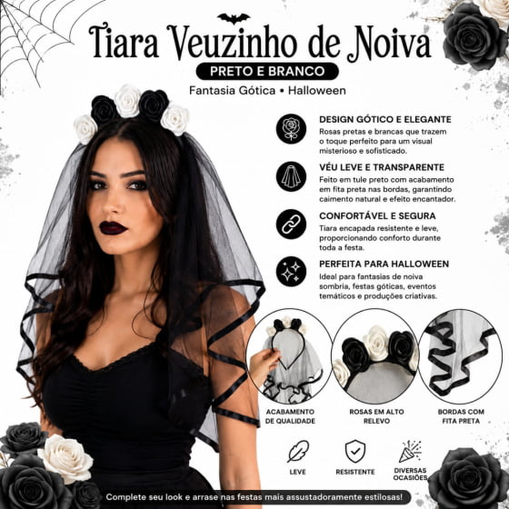 Tiara Veuzinho de Noiva Preto e Branco Fantasia Gótica Halloween Cosplay Tiara Veuzinho de Noiva Preto e Branco Fantasia Gótica Halloween Cosplay