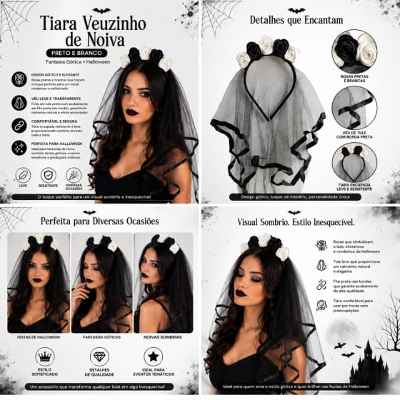 Tiara com Véu Preto Noiva Sombria para Halloween