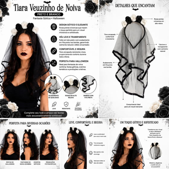 Tiara com Véu Preto Noiva Sombria para Halloween