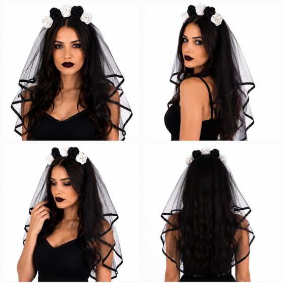 Tiara Veuzinho de Noiva Preto e Branco Fantasia Gótica Halloween Cosplay Tiara Veuzinho de Noiva Preto e Branco Fantasia Gótica Halloween Cosplay