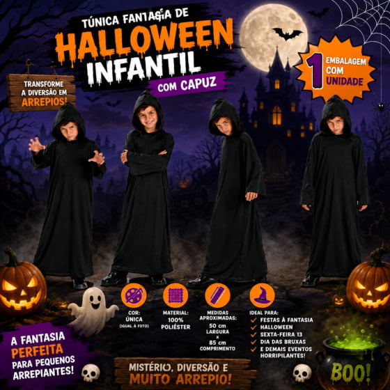 Túnica Preta Infantil com Capuz para Halloween