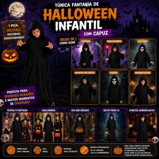 Túnica Preta Infantil com Capuz para Halloween